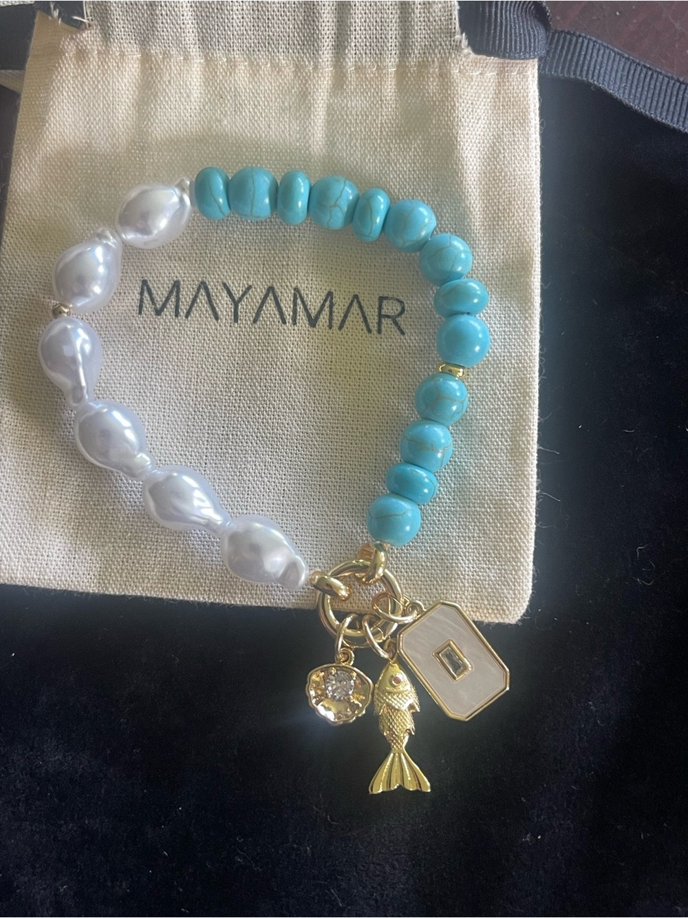 Mayamar Turquoise and Pearl Charm Bracelet with Gold shell, fish and pearl